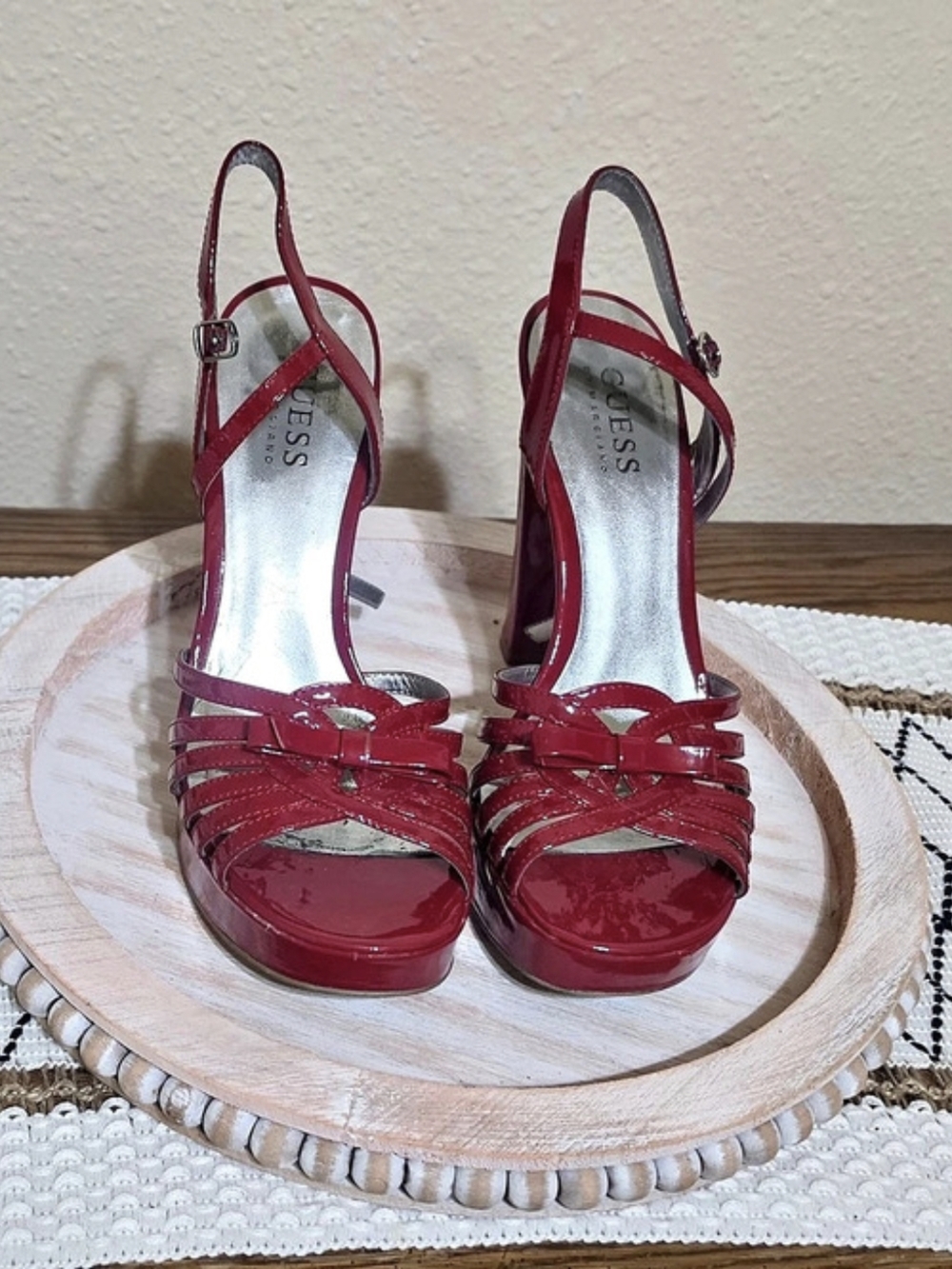 G by Guess Patent Platform Strappy Heels in Red US 6M